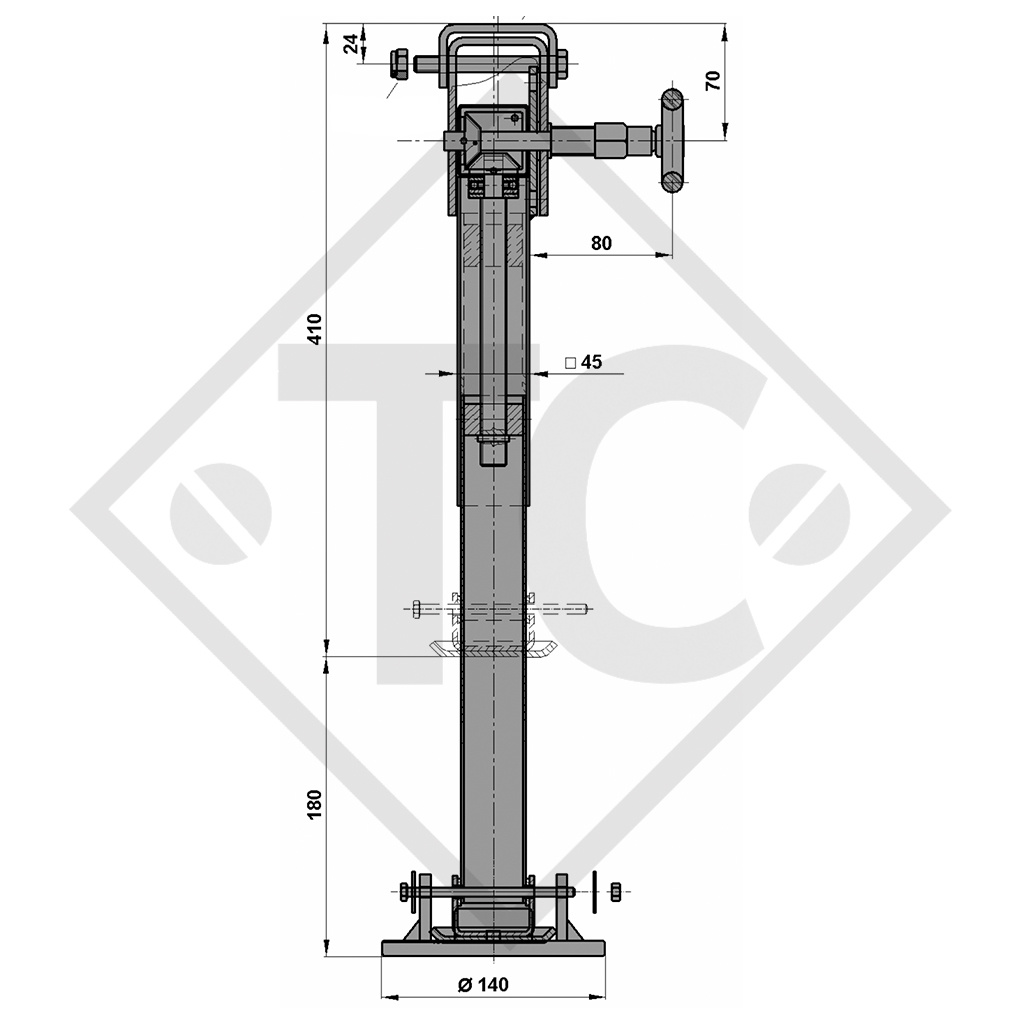 Stützfuß Spindel □45mm vierkant, seitlich schwenkbar (Raster von 6x30°), 1224068, passend für alle gängigen Anhängertypen