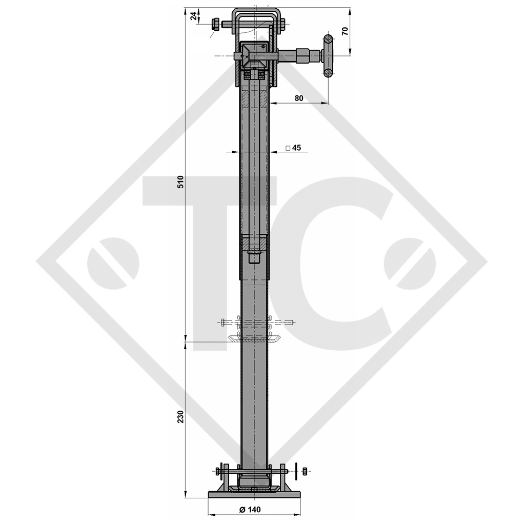 Steady leg, spindle □45mm square, pivoting sideways (steps of 6x30°), 1224069, suitable for all trailer types