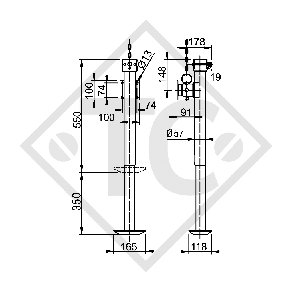 Apoyo con husillo 57mm redondo con hexágon SW 19 (valores clave 19) abatible 90° lateralmente, 1368312, para los remolques convencionales