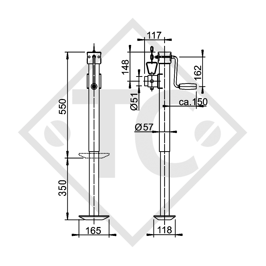 Steady leg, spindle 57mm round, pivoting 90° sideways, 1223190, suitable for all trailer types