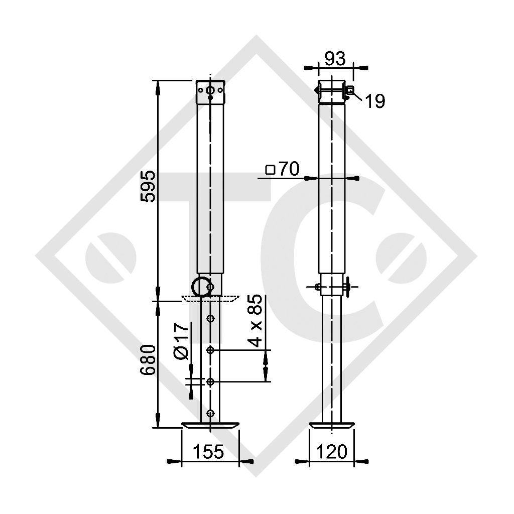 Steady leg, spindle 70x70mm square with hexagon AF 19 (wrench size AF 19), 1368313, suitable for all trailer types