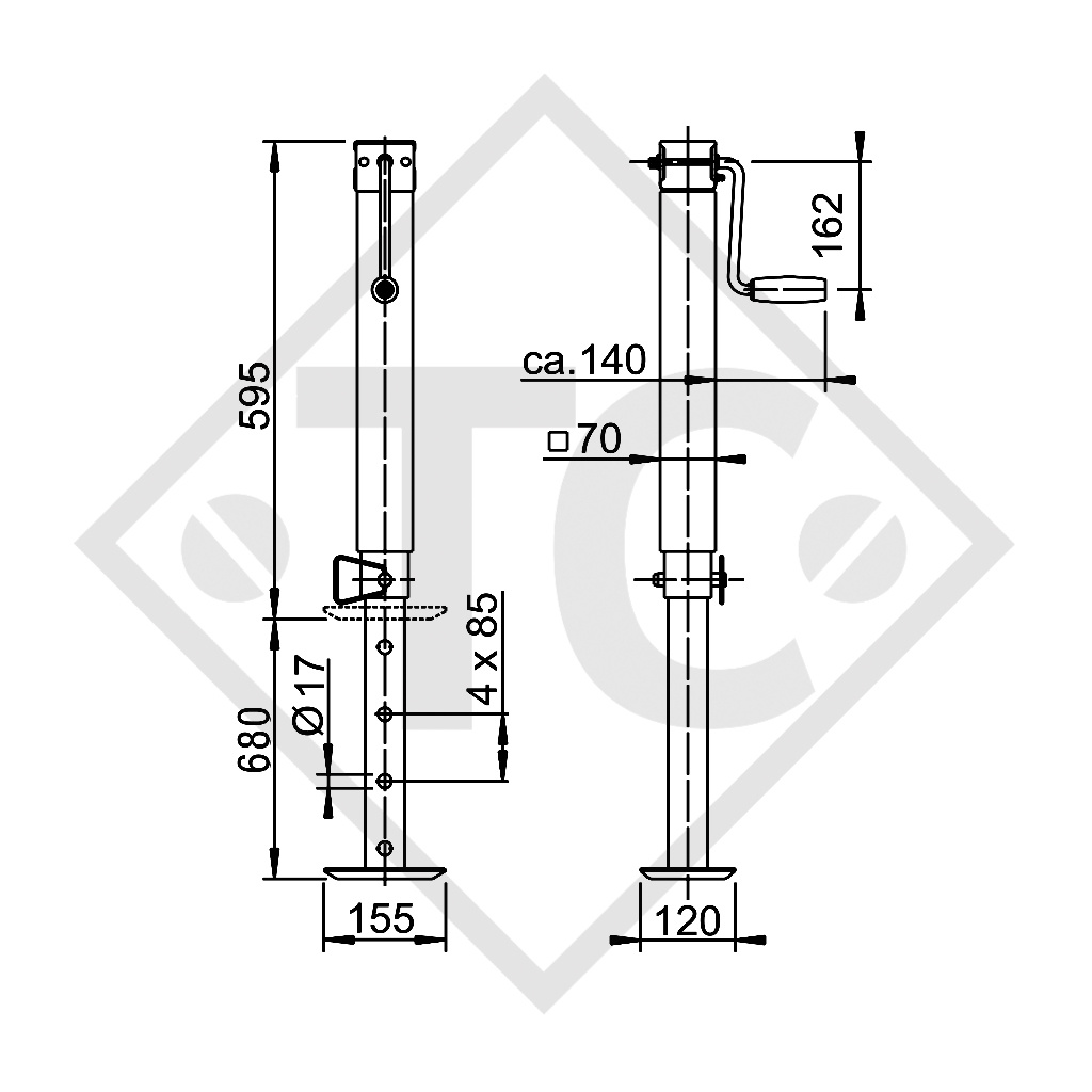 Béquille basculables □70mm carré, basculable de côté 90°, 1223191, pour tous types courants de remorques
