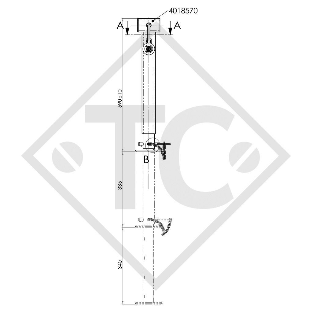 Apoyo con husillo □60mm cuadrado, abatible 90° lateralmente, 1863474, para los remolques convencionales