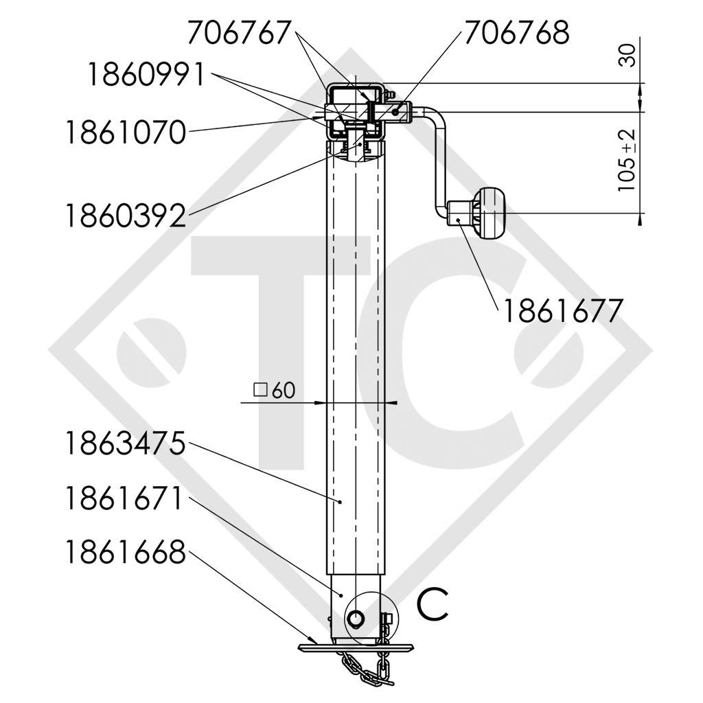 Steady leg, spindle □60mm square, pivoting 90° sideways, 1863474, suitable for all trailer types