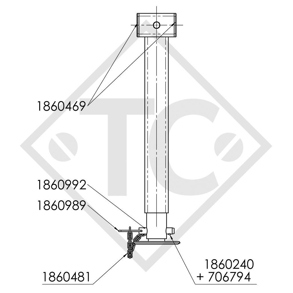 Béquille basculables □60mm carré, basculable de côté 90°, 1863474, pour tous types courants de remorques