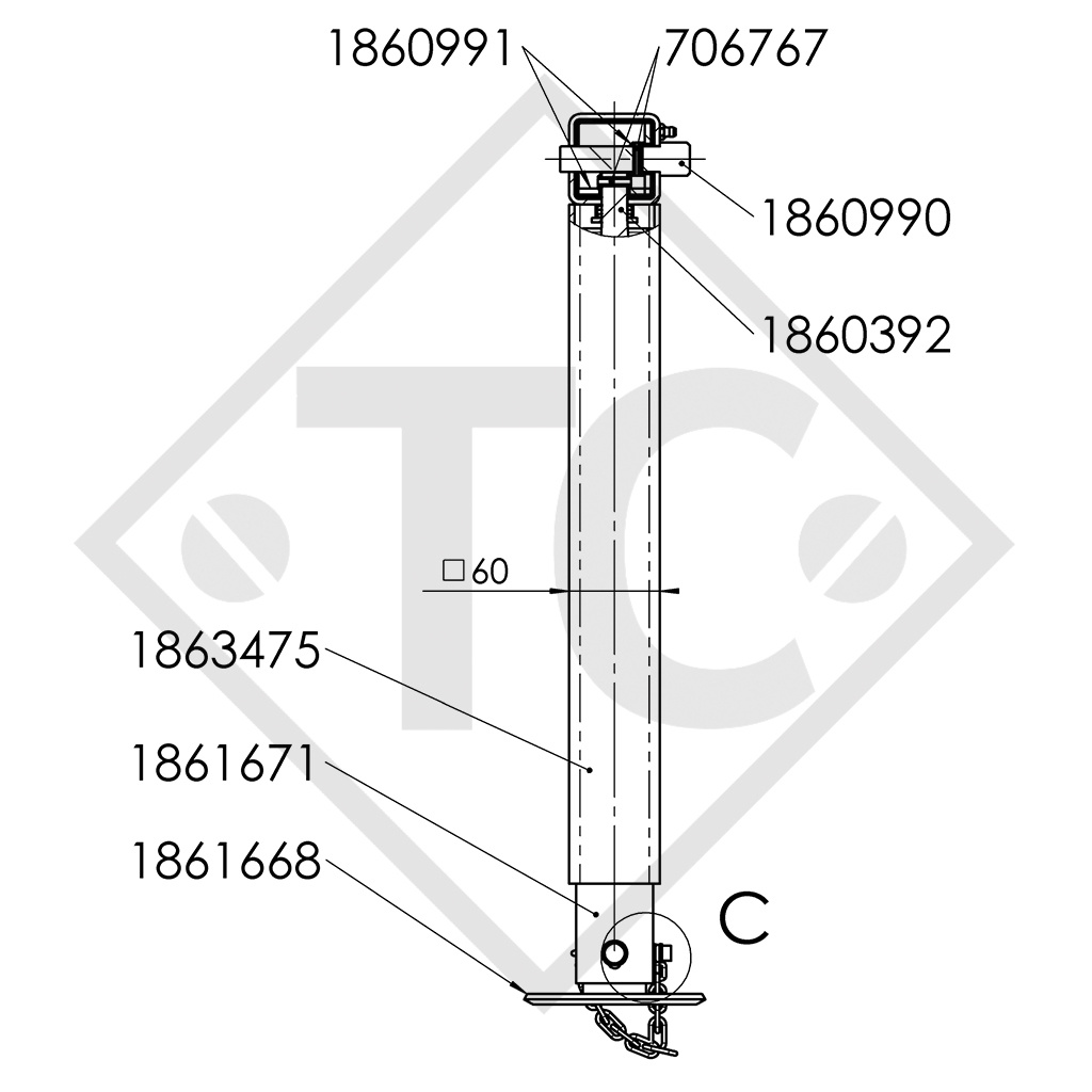 Apoyo con husillo □60mm cuadrado, abatible 90° lateralmente, 1863473, para los remolques convencionales