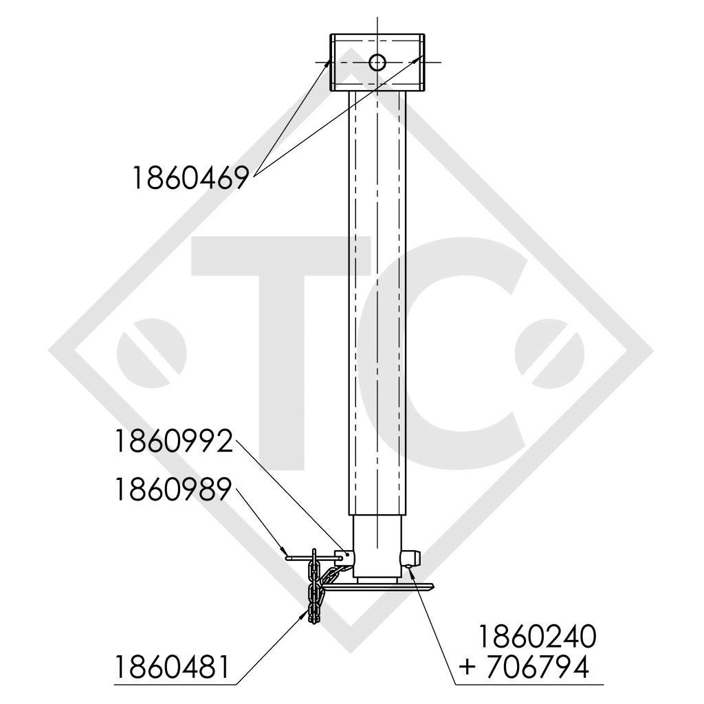 Apoyo con husillo □60mm cuadrado, abatible 90° lateralmente, 1863473, para los remolques convencionales