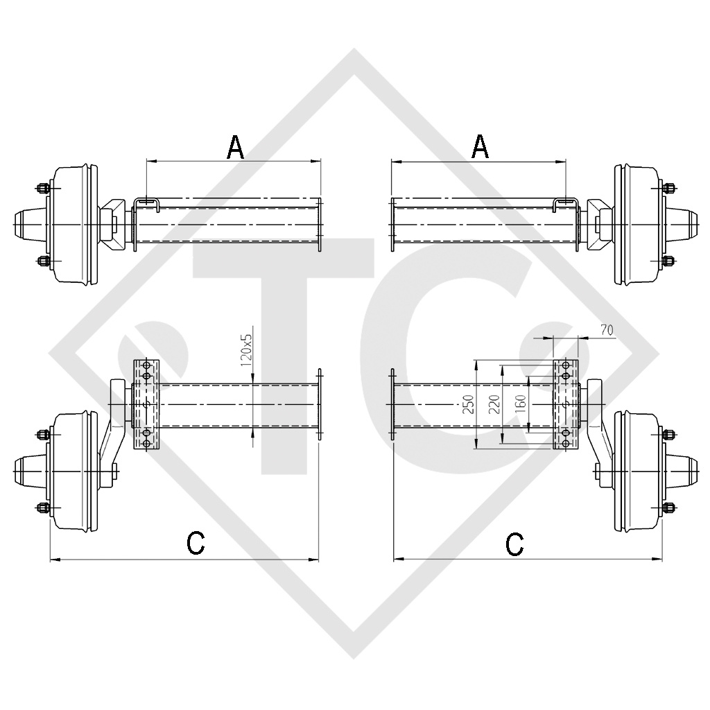 Braked half axles 2500kg axle type B 2500-8 (pair) - Seico