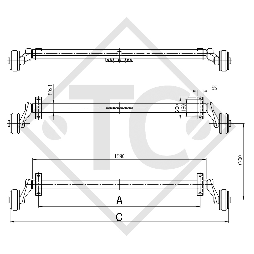 Assale frenato 750kg, tandem 1200kg tipo di assale B 850-2