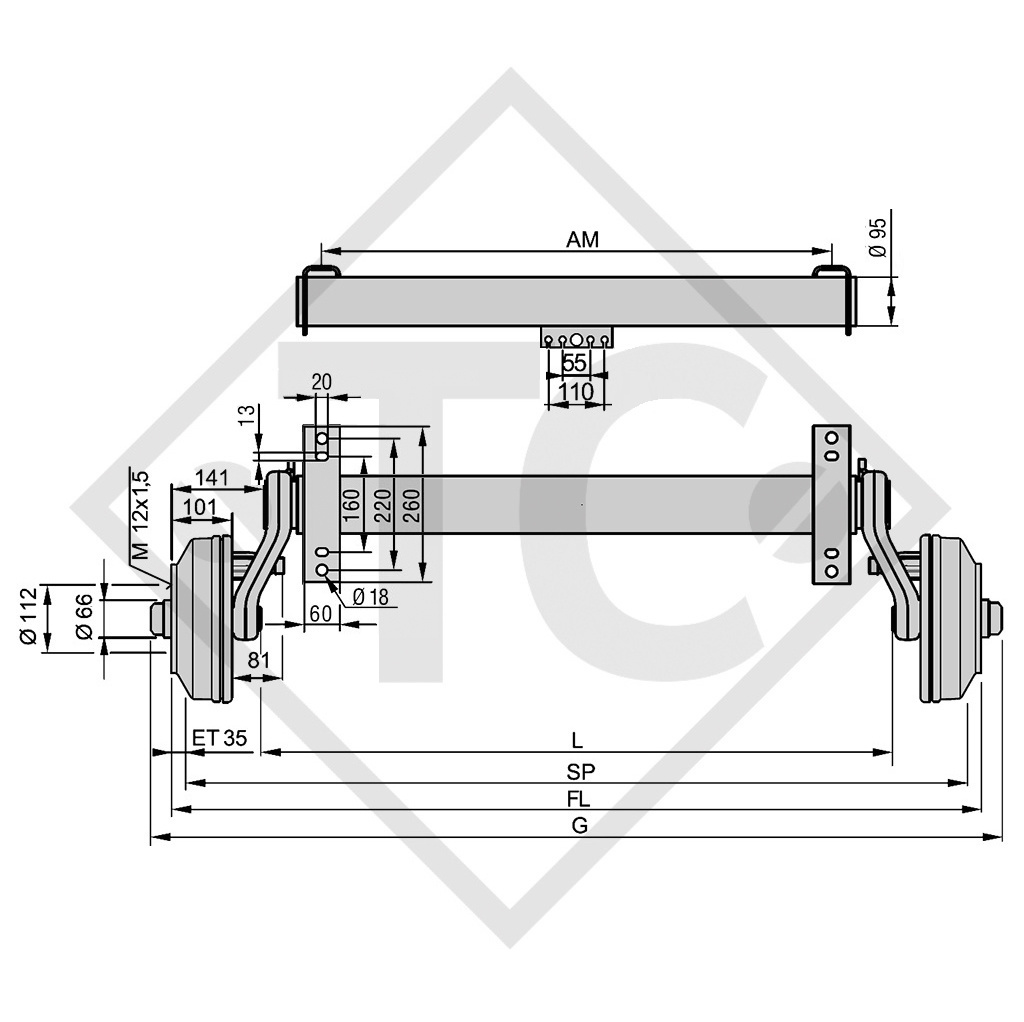 Braked axle SWING 1800kg axle type CB 1805, 46.32.368.491, HUMBAUR