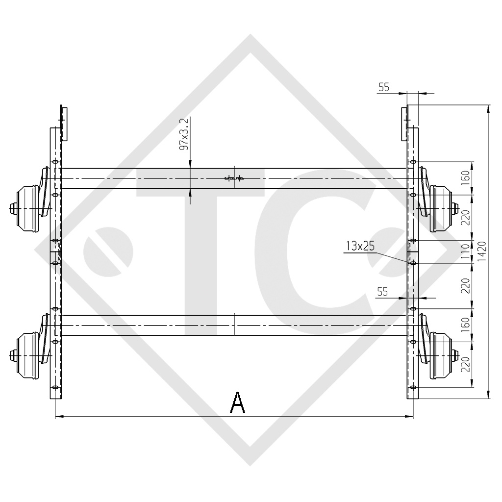 Essieu tandem freiné 2000kg EURO COMPACT type d'essieu 2xB 1000-3