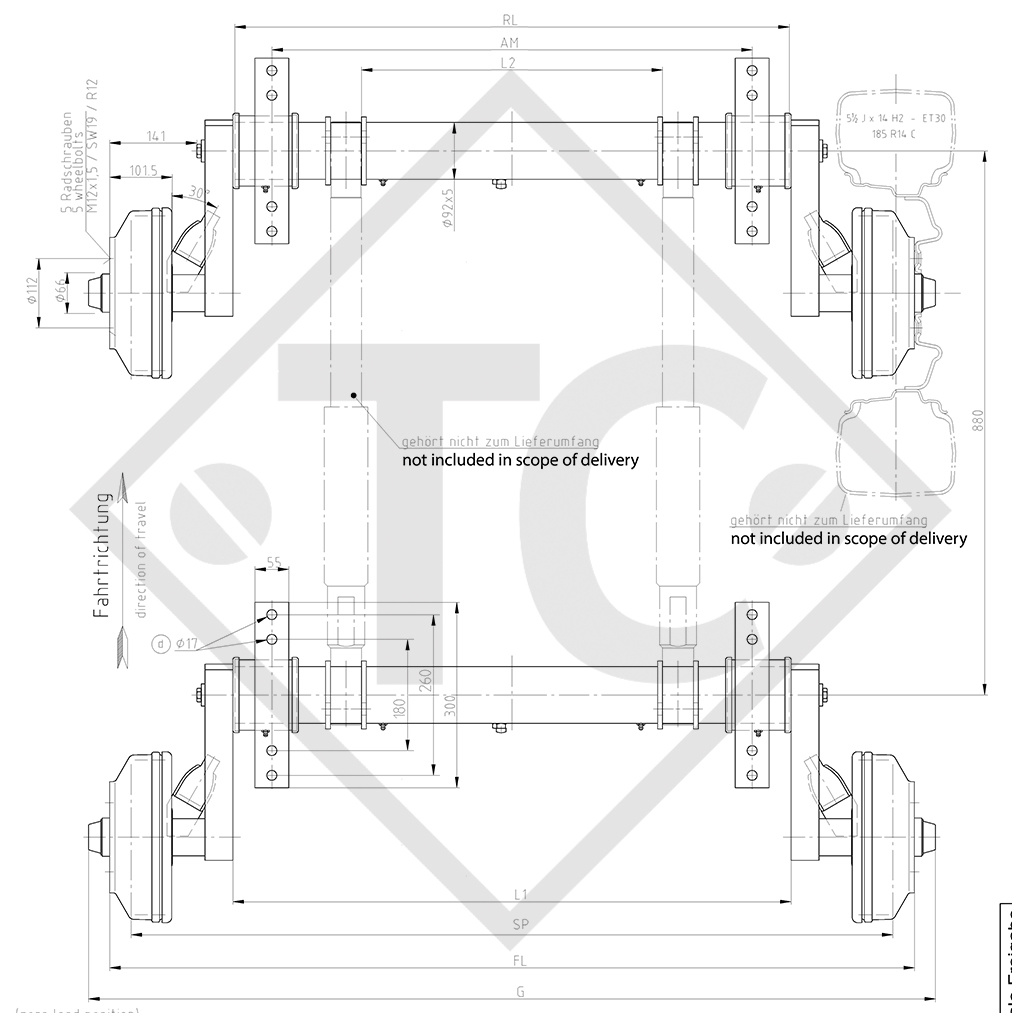 Lowering axles down to 281mm, axle type RONDO DB 2/1805, tandem 3600kg, 49.32.368.459