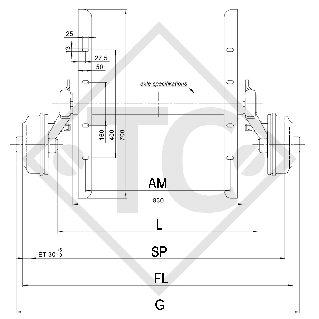 Assale frenato SWING 1350kg tipo di assale CB 1355, 46.25.379.484, 4013242