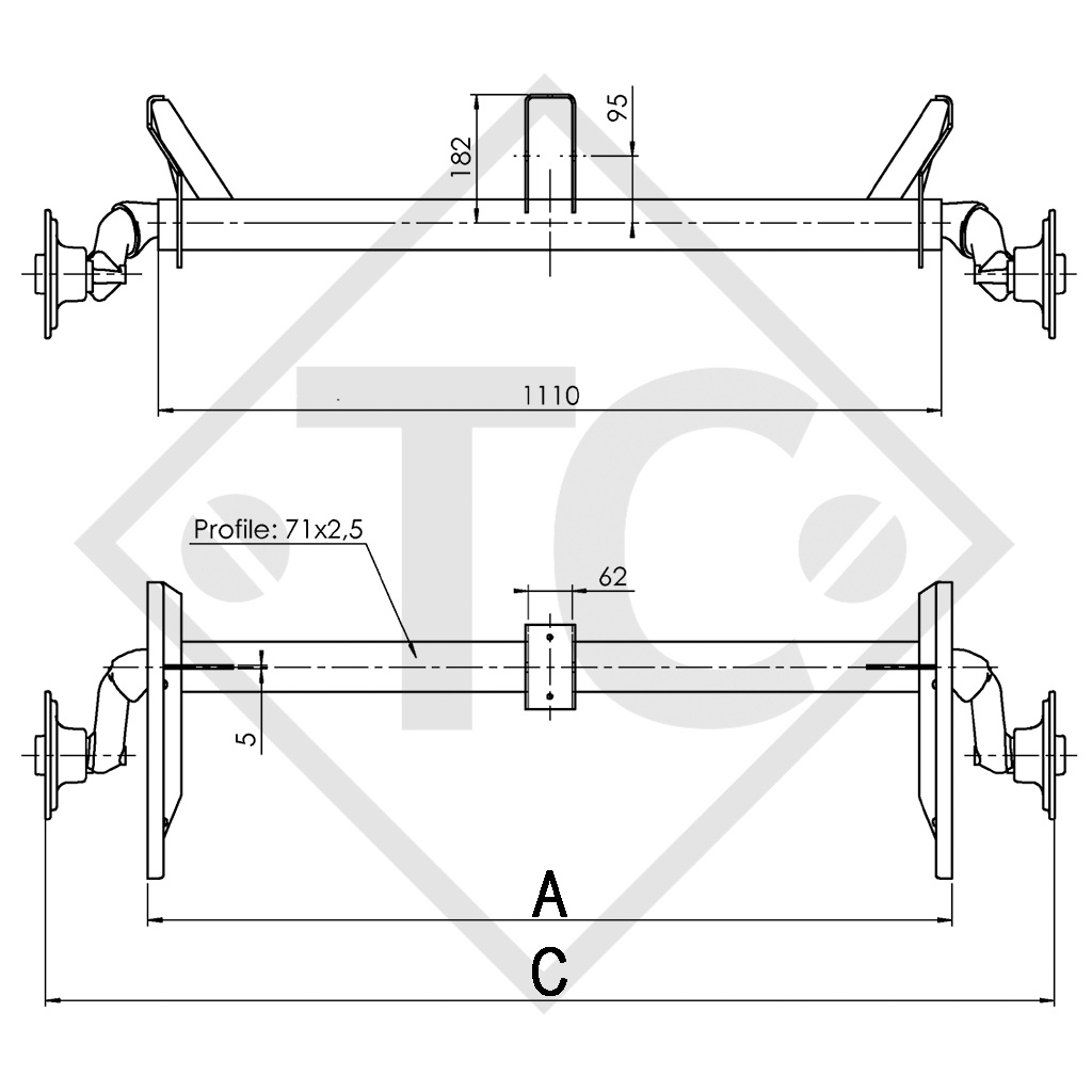 Achse ungebremst 750kg PLUS OPTIMA Achstyp 700-5 mit Bügel und hohem Achsbock, Humbaur 1426238