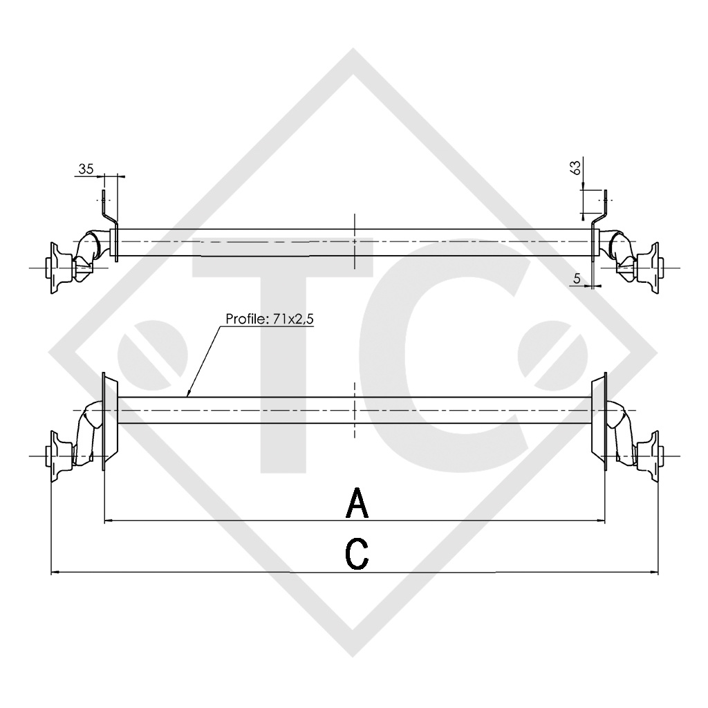 Unbraked axle 750kg PLUS OPTIMA axle type 700-5, 46.14.000.367