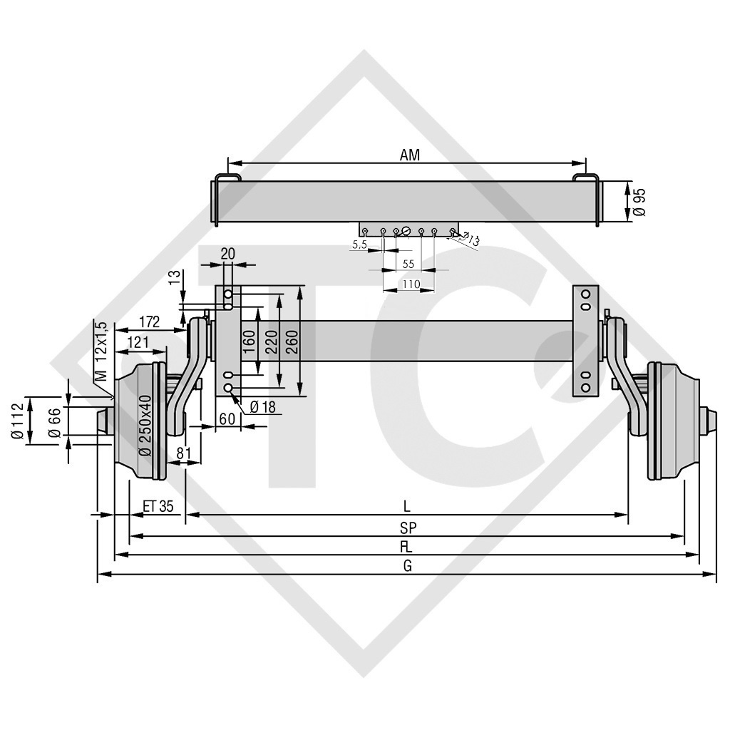 Achse gebremst SWING 1800kg Achstyp CB 1805, 46.32.368.585, HIRTH