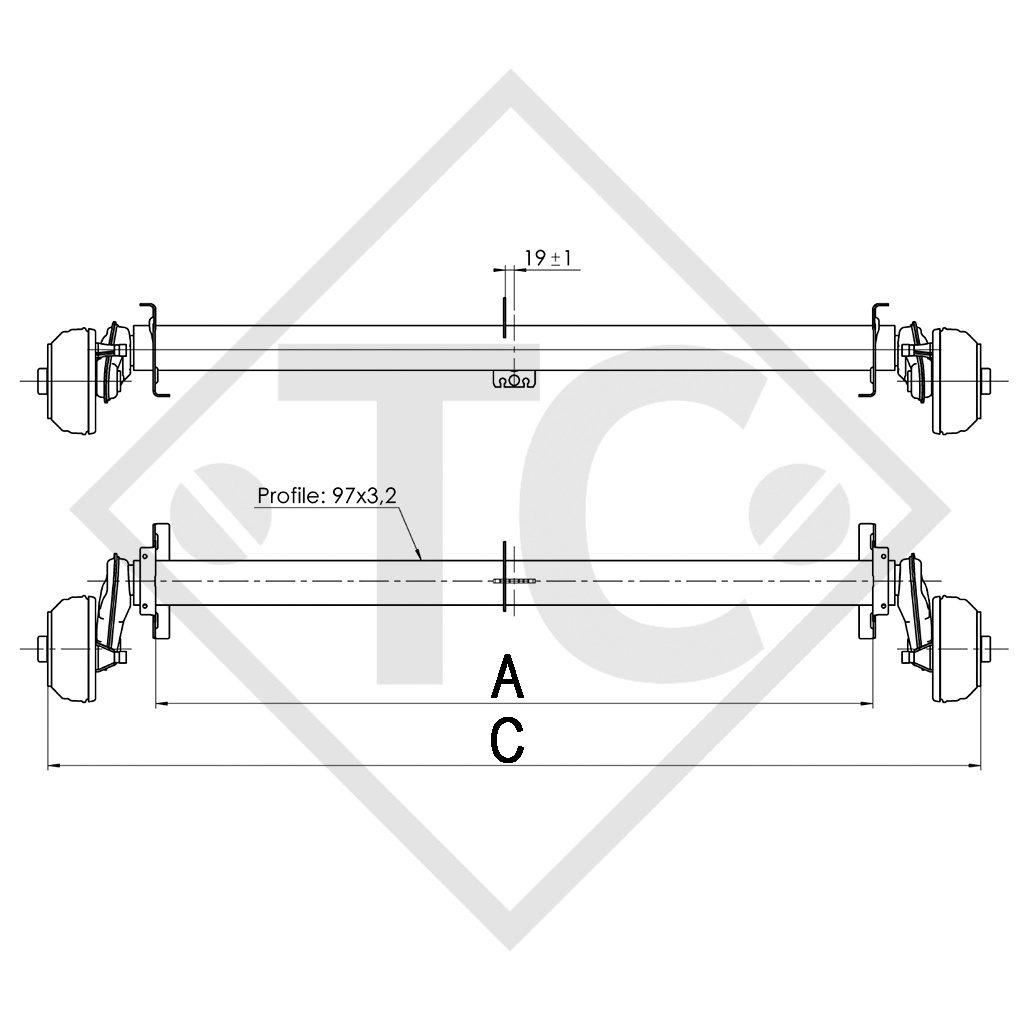 Braked axle 1300kg EURO COMPACT axle type B 1200-5, Trigano