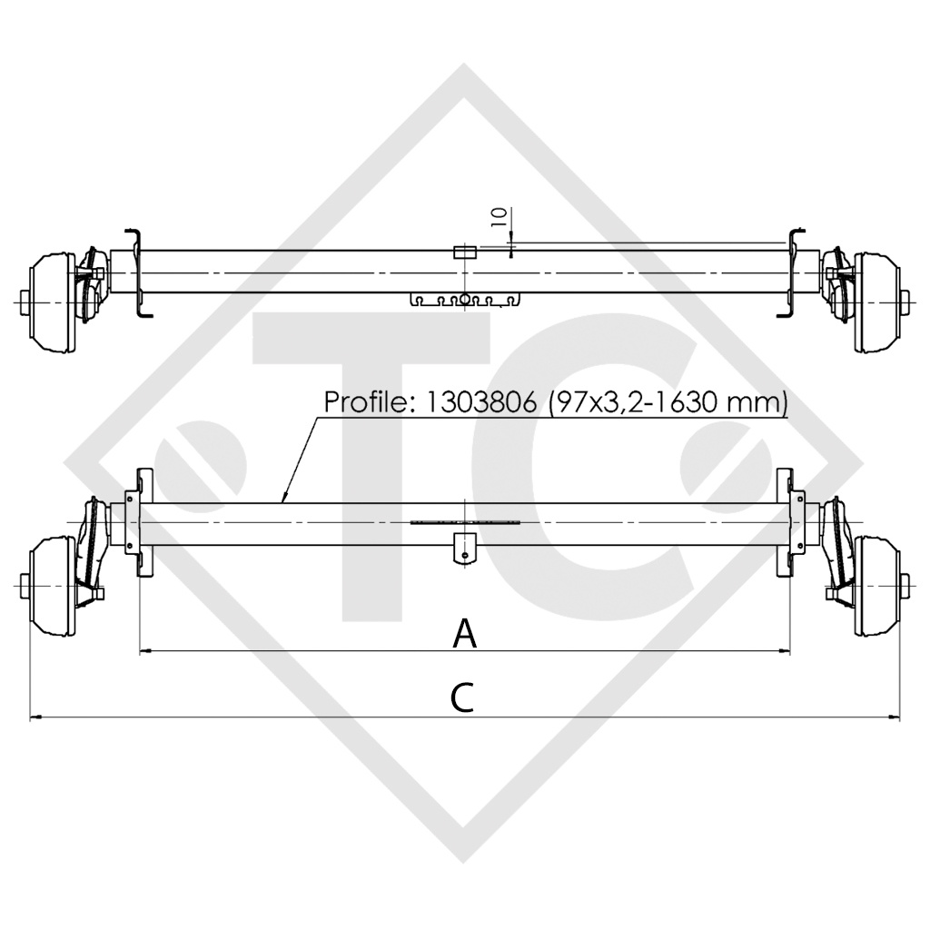 Essieu EURO Compact 1000kg freiné type d'essieu B 1000-3