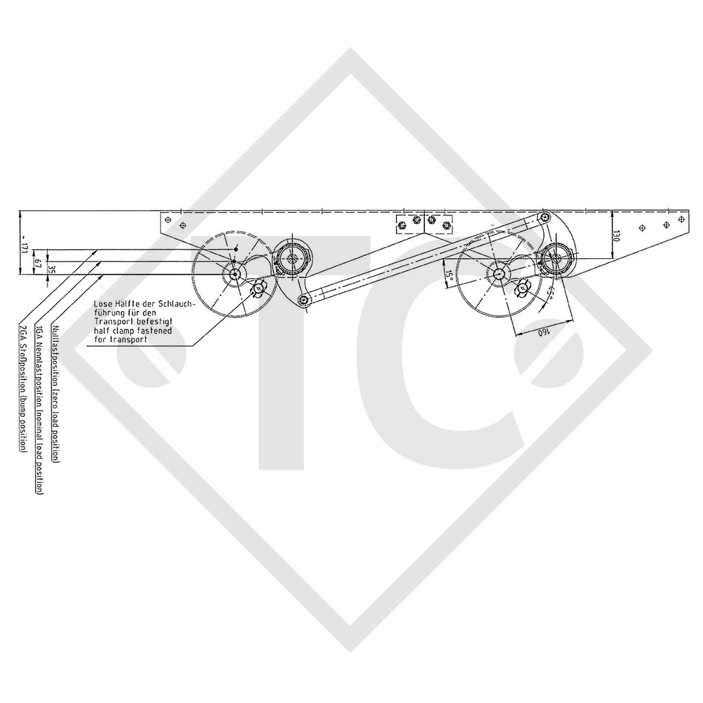 Lowering axles down to 200mm, axle type RONDO DS 2/1505, tandem 3000kg, 49.27.358.404