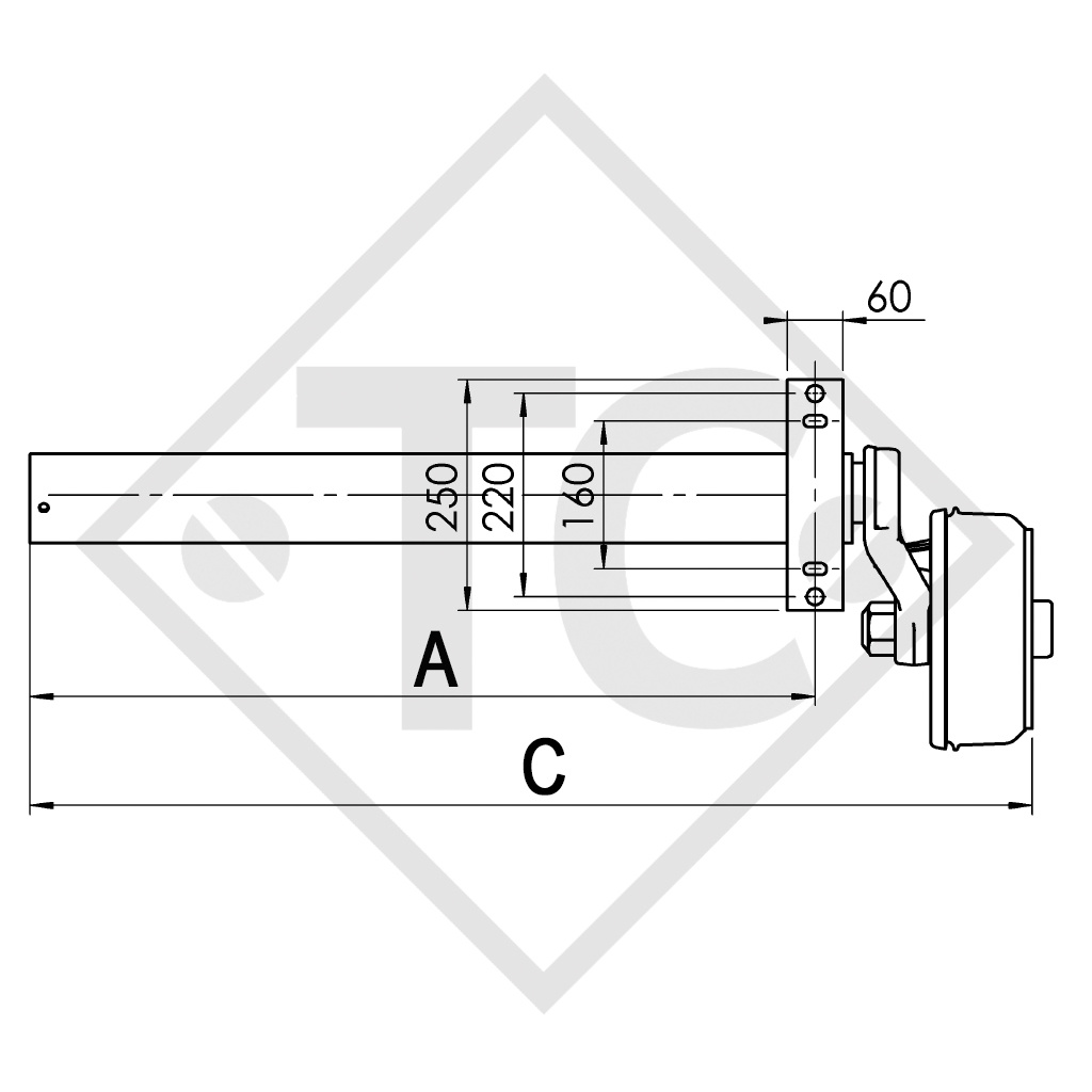 Braked half axles 1600kg axle type B 1600-1 (Paar) EURO1 for welding on