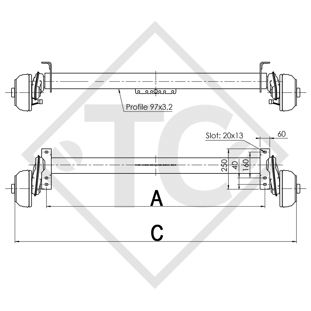 Gruppo tandema assale frenato 2000kg EURO COMPACT tipo di assale 2xB 1000-3