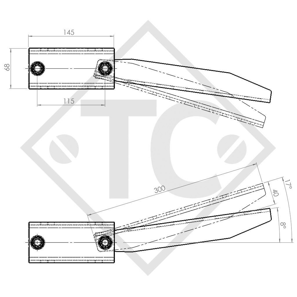 Raccord de flèche pour corps d'essieu 80mm / position du bras de suspension 20° (paire)