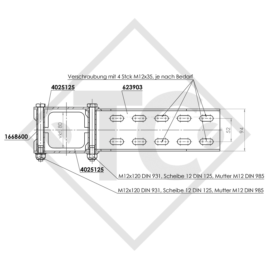 Raccord de flèche pour corps d'essieu 80mm / position du bras de suspension 20° (paire)
