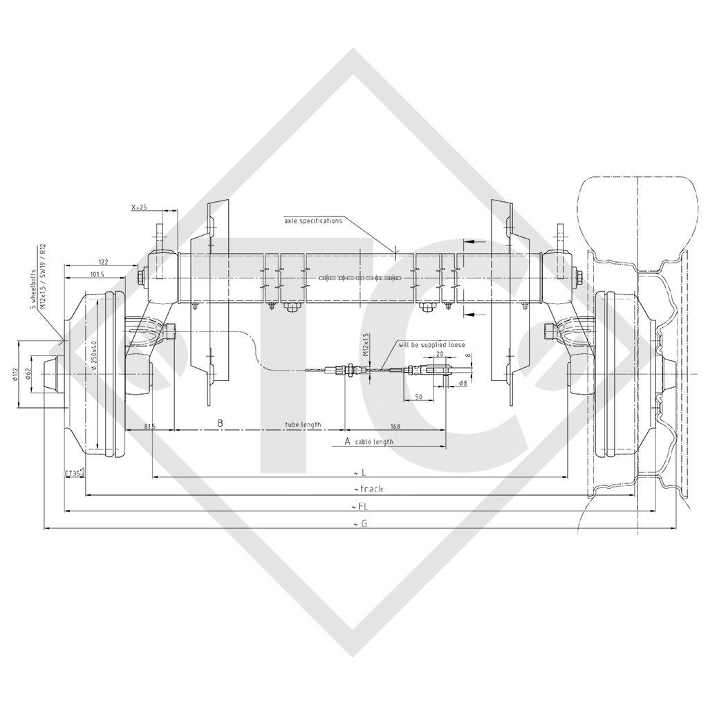 Essieu RONDO 1600kg  freiné type d'essieu DB 1605, 45.29.368.444, 4012359