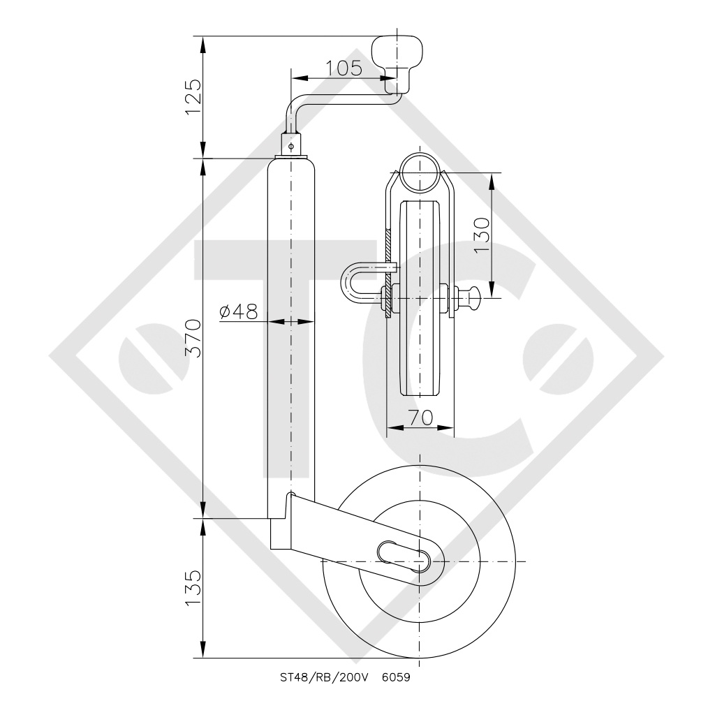 Roue jockey ø48mm rond, type ST 48-RB-200 V, avec fonction de freinage intégrée, pour caravanes, remorques-auto, machines pour l'industrie du bâtiment