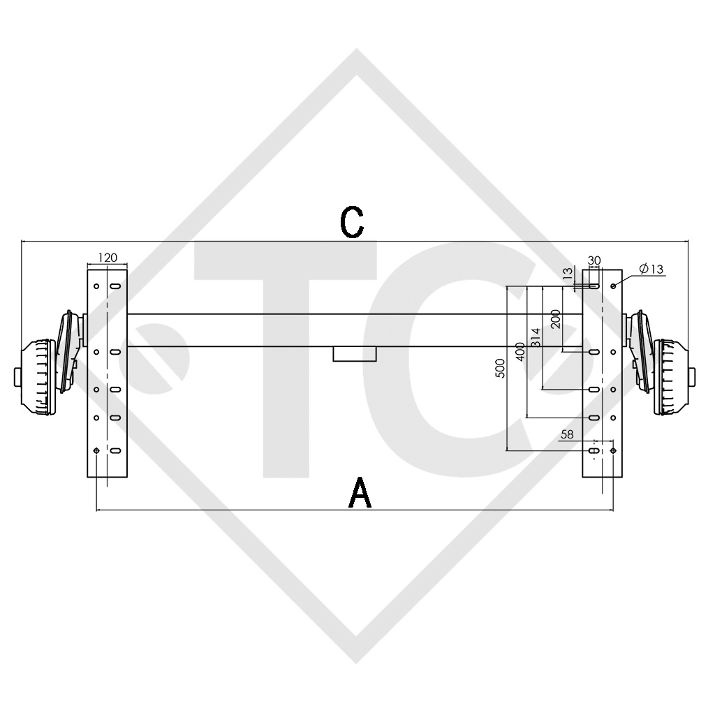 Achse gebremst 1500kg COMPACT Achstyp B 1600-3