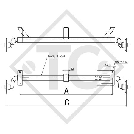 Achse ungebremst 750kg PLUS OPTIMA Achstyp 700-5 mit Bügel und hohem Achsbock, Saris