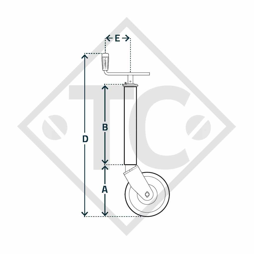 Rueda jockey ø60mm redondo, con horquilla rígida, manivela superior, tipo FO 260/Z, cincado galvanizado, para los remolques convencionales