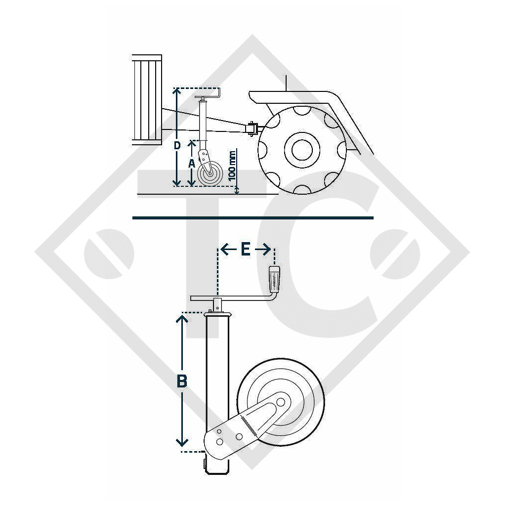 Rueda jockey ø70mm redondo con horquilla totalmente automática, manivela superior, tipo A 100, para los remolques convencionales