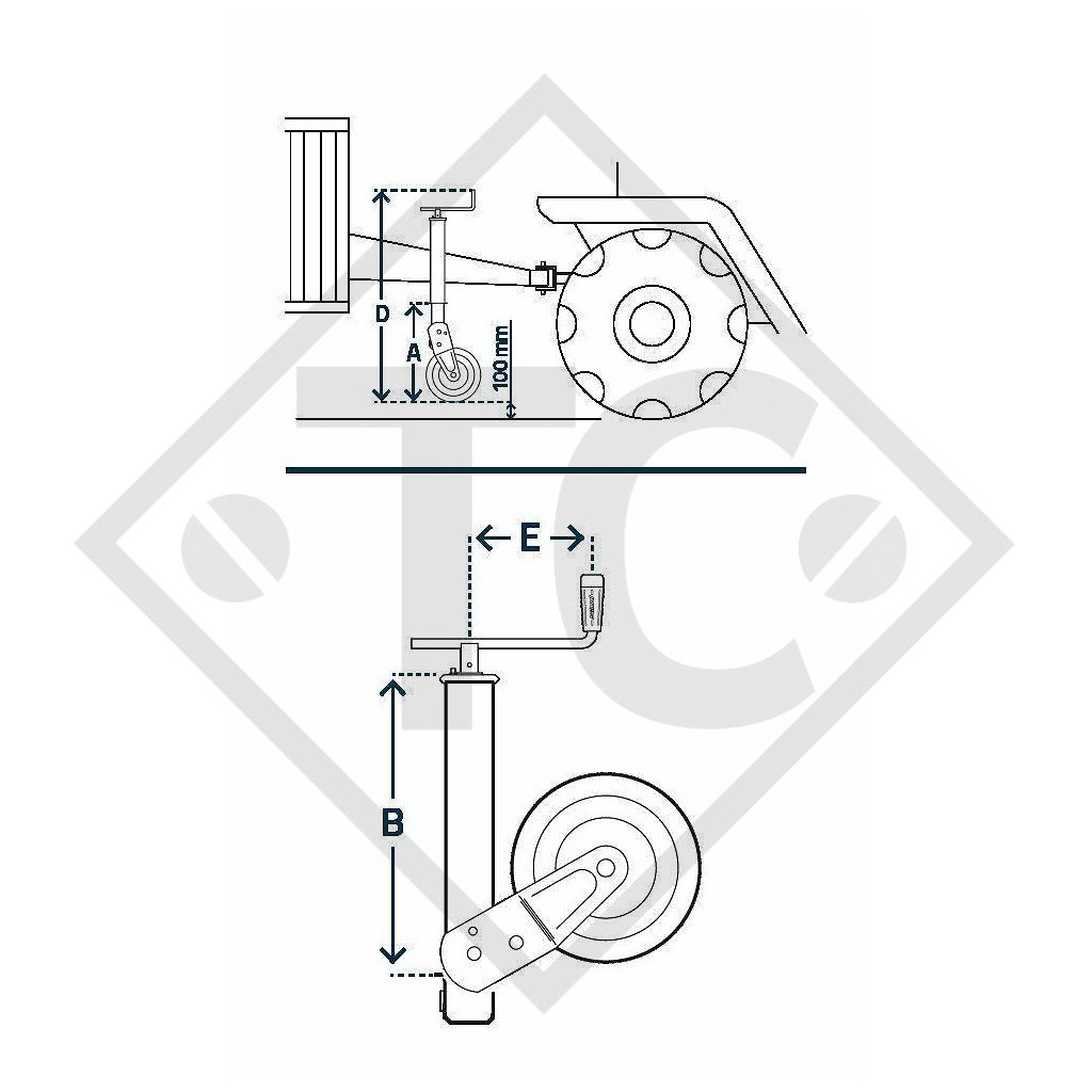 Stützrad □70mm vierkant mit Stützschuh vollautomatisch, Kurbel oben, Typ A 105, für landwirtschaftliche Maschinen und Anhänger, Maschinen für Bauindustrie, Straßeninstandsetzung- und Schneeräumungsmaschinen