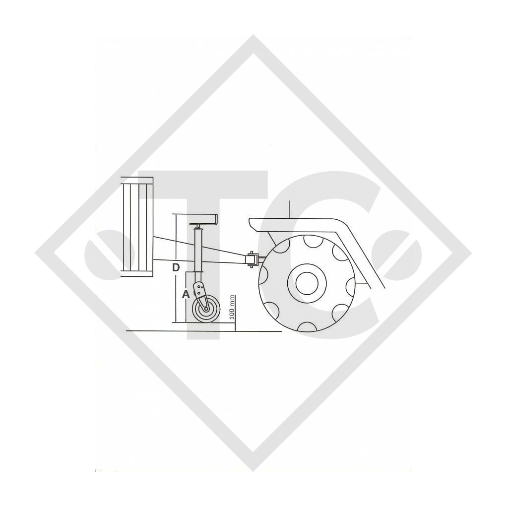 Ruotino d'appoggio □70mm quadro con pattino d'appoggio automatico, manovella in alto, tipo A 105, per macchine e rimorchi agricoli, macchine per l’edilizia, per la manutenzione stradale e l’innevamento