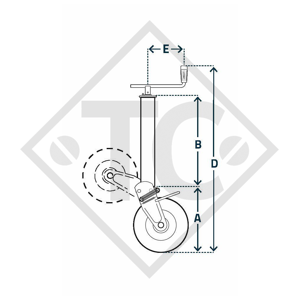 Stützrad □70mm vierkant mit Stützschuh halbautomatisch, Kurbel oben, Typ M 216, für landwirtschaftliche Maschinen und Anhänger, Maschinen für Bauindustrie, Straßeninstandsetzung- und Schneeräumungsmaschinen