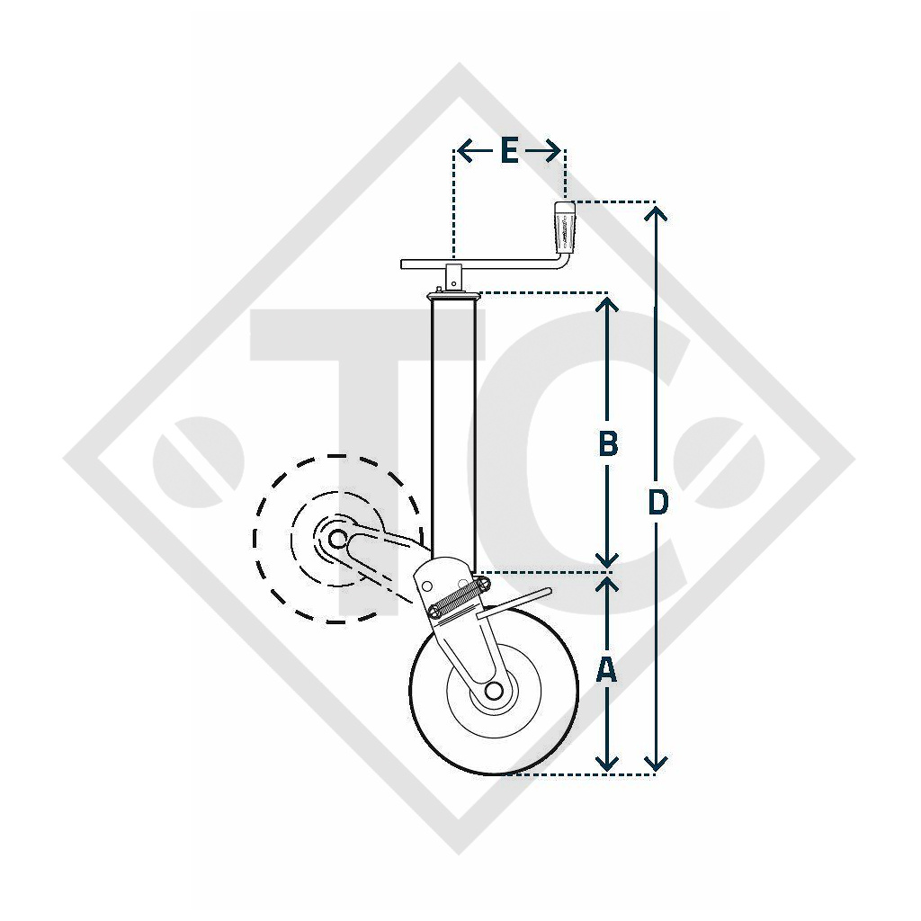 Stützrad ø60mm rund mit Stützschuh halbautomatisch, Kurbel oben, Typ M 206, für landwirtschaftliche Maschinen und Anhänger, Maschinen für Bauindustrie, Straßeninstandsetzung- und Schneeräumungsmaschinen