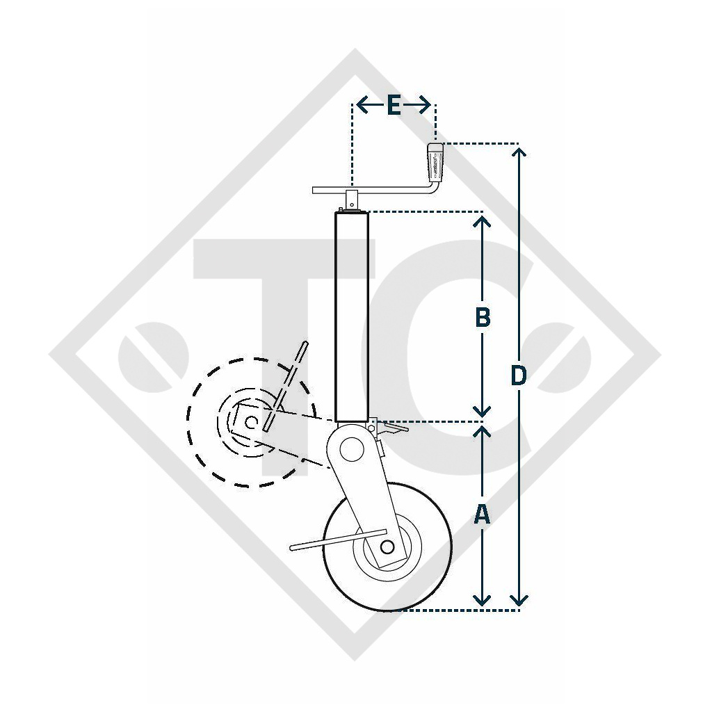 Rueda jockey ø70mm redondo con horquilla semiautomática, manivela superior, tipo M 300, para los remolques convencionales