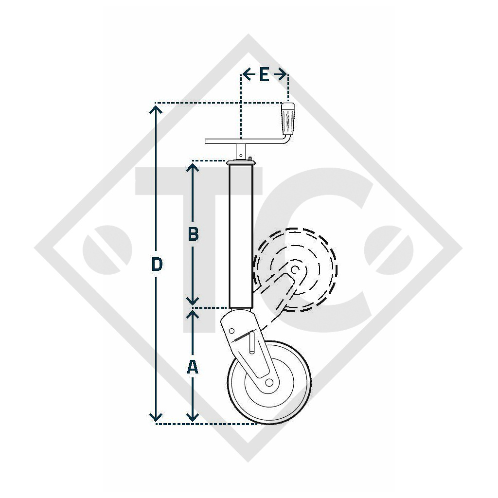 Jockey wheel □70mm square with manual turnover support shoe, top crank, type S 126, for agricultural machines and trailers, machines for building industry, implements for road maintenance and snow