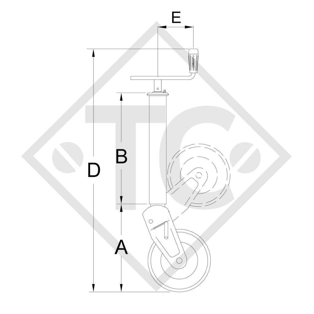 Stützrad □70mm vierkant klappbar Typ S 124Z/4 mit Felge Stahl, für Wohnwagen, PKW-Anhänger, Maschinen für die Bauindustrie, Dockanlagen und Wartungsbühnen