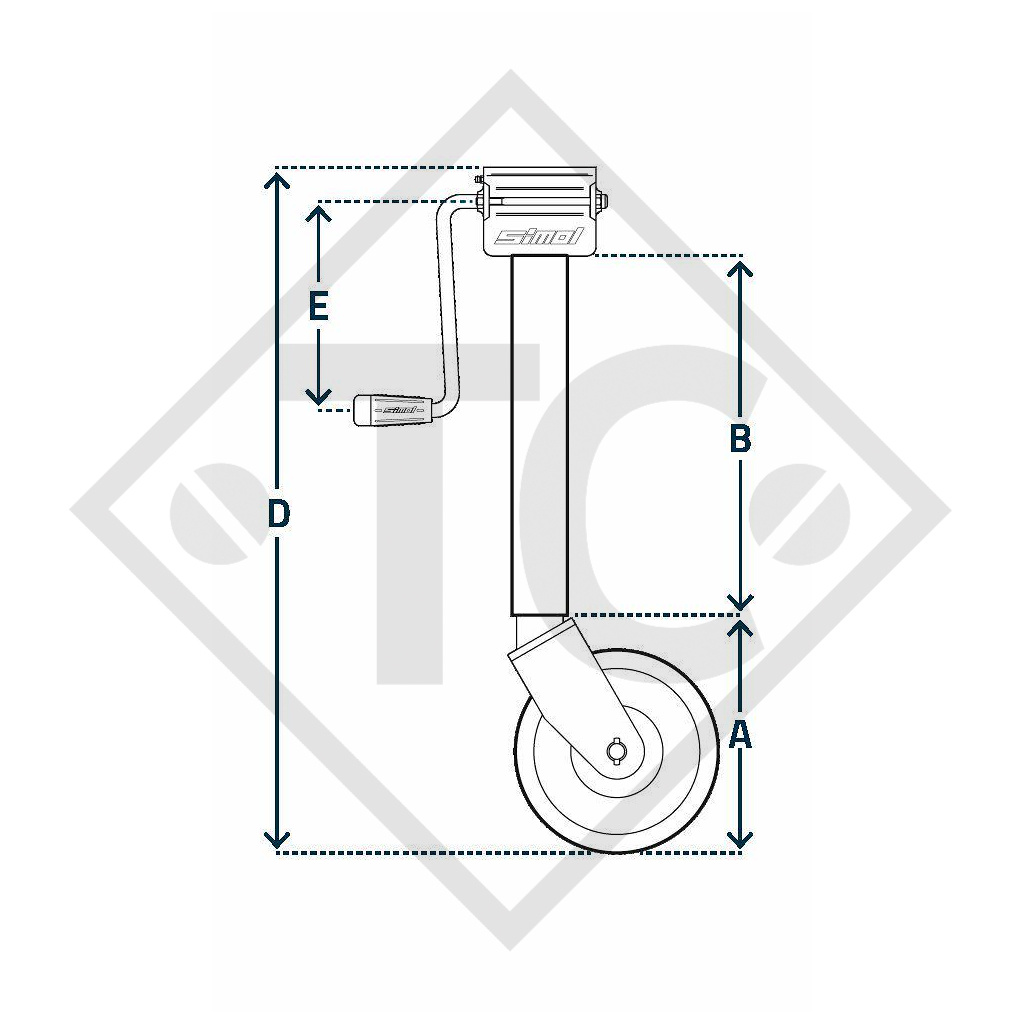 Rueda jockey ø70mm redondo con horquilla rígida, manivela lateral, tipo DM 270FO, para los remolques convencionales