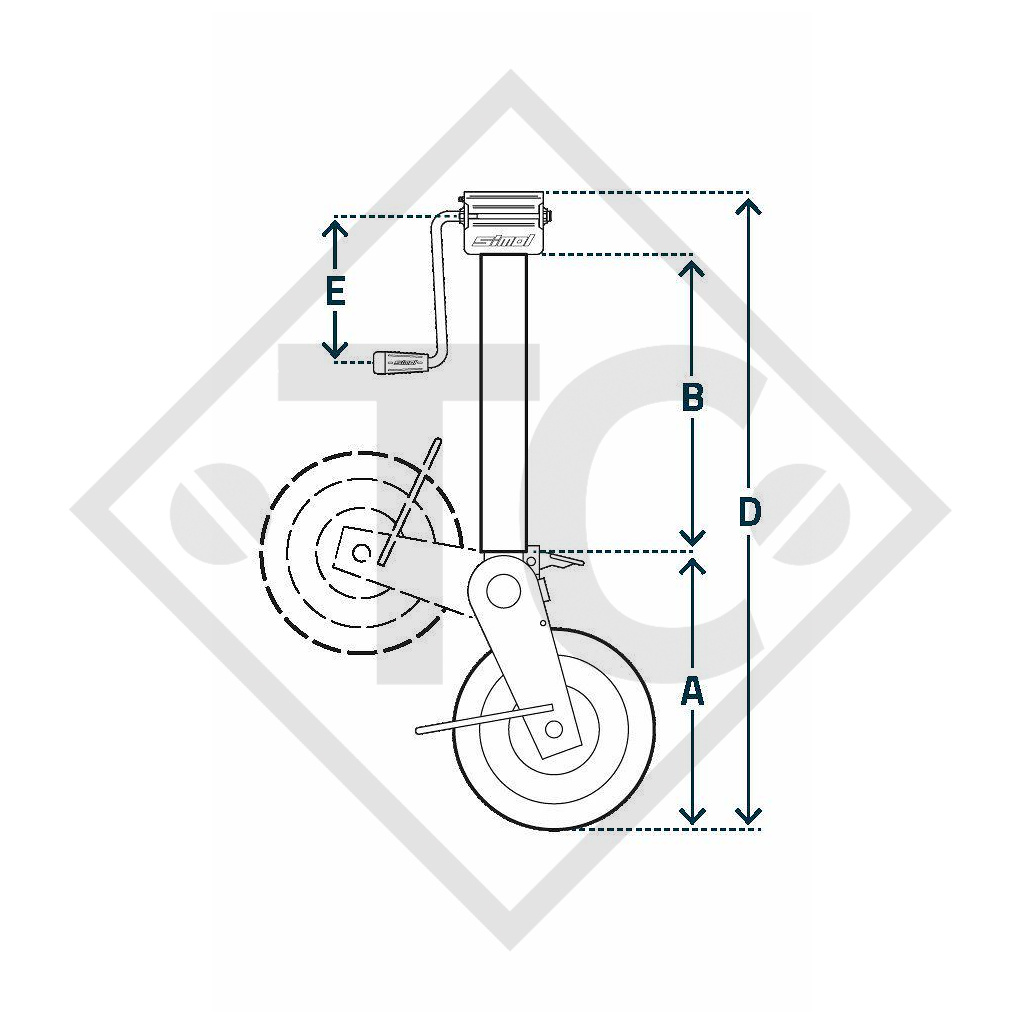 Jockey wheel ø90mm round with semi-automatic support shoe, with side crank, type DM 367, for agricultural machines and trailers, machines for building industry, implements for road maintenance and snow