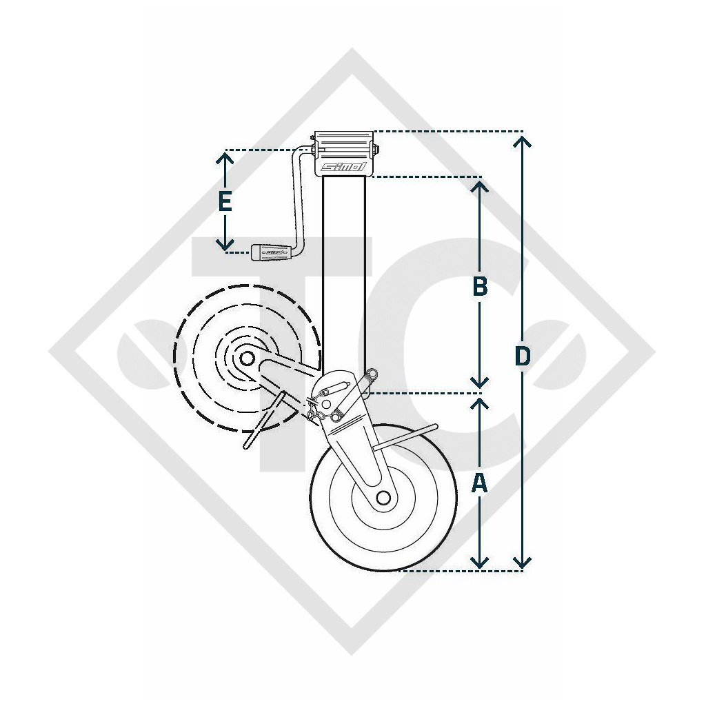 Ruotino d'appoggio ø90mm tondo con pattino d’appoggio semiautomatico, manovella laterale, tipo DM 432, per macchine e rimorchi agricoli, macchine per l’edilizia, per la manutenzione stradale e l’innevamento