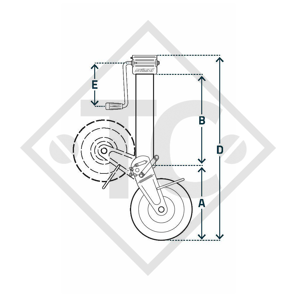 Stützrad □80mm vierkant mit Stützschuh halbautomatisch, Kurbel seitlich, Typ DM 437, für landwirtschaftliche Maschinen und Anhänger, Maschinen für Bauindustrie, Straßeninstandsetzung- und Schneeräumungsmaschinen