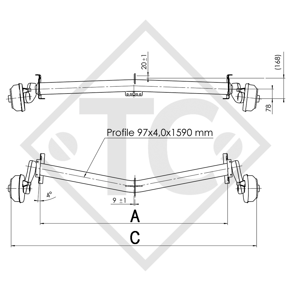 Braked axle 1500kg EURO1 axle type DELTA SIN 14-1