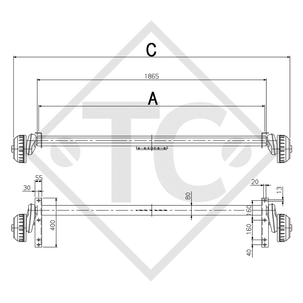 Achse gebremst 1000kg COMPACT Achstyp B 850-10, Trigano