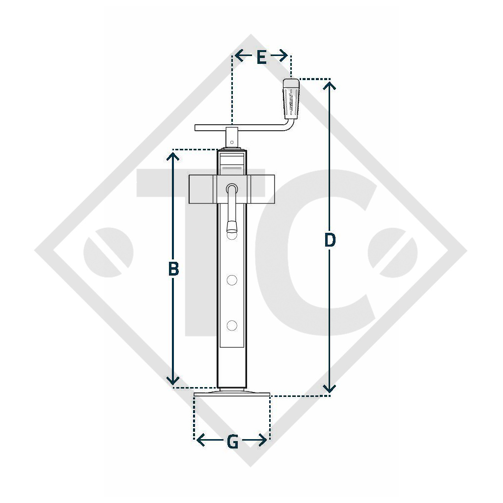 Stützfuß □80mm vierkant mit regulierbarem Befestigungsteil, Typ PE 600, für landwirtschaftliche Maschinen und Anhänger, Maschinen für Bauindustrie, Straßeninstandsetzung- und Schneeräumungsmaschinen