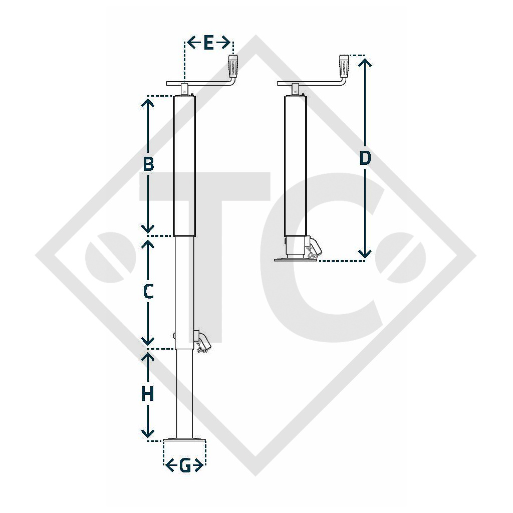 Steday leg □70mm square, top crank, three-stage, type P 560/3SF, for agricultural machines and trailers, machines for building industry, implements for road maintenance and snow