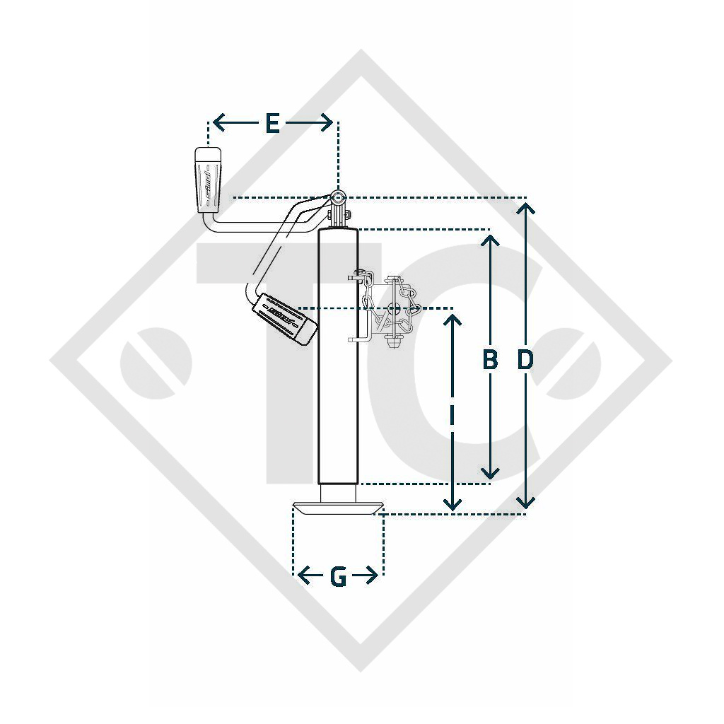 Steday leg pivoting ø57mm round with tube mounting, folding crank, type ST 3154, galvanised, for agricultural machines and trailers, machines for building industry, implements for road maintenance and snow