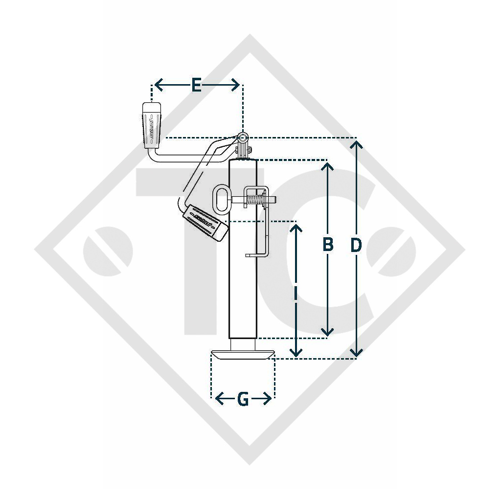 Apoyo abatible lateralmente ø51mm redondo con soporte, manivela plegable, tipo SF 2152, cincado galvanizado, para los remolques convencionales